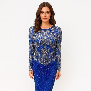 Vintage Sweelo Blue Long Sleeve Sequin Cocktail Dress Size Medium